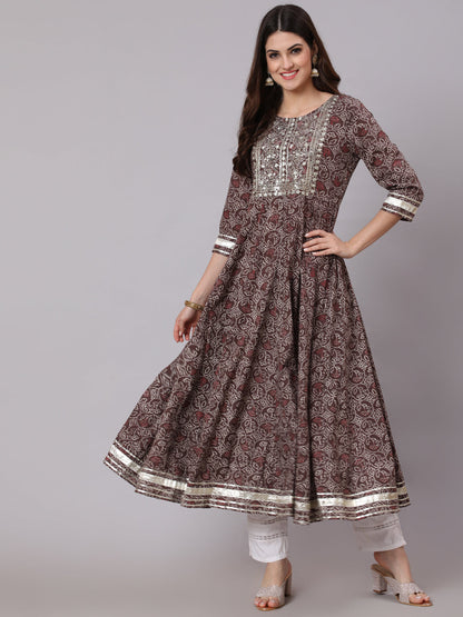Cotton Calf Length Printed Flared 3/4 Sleeve Round Neck Kurta