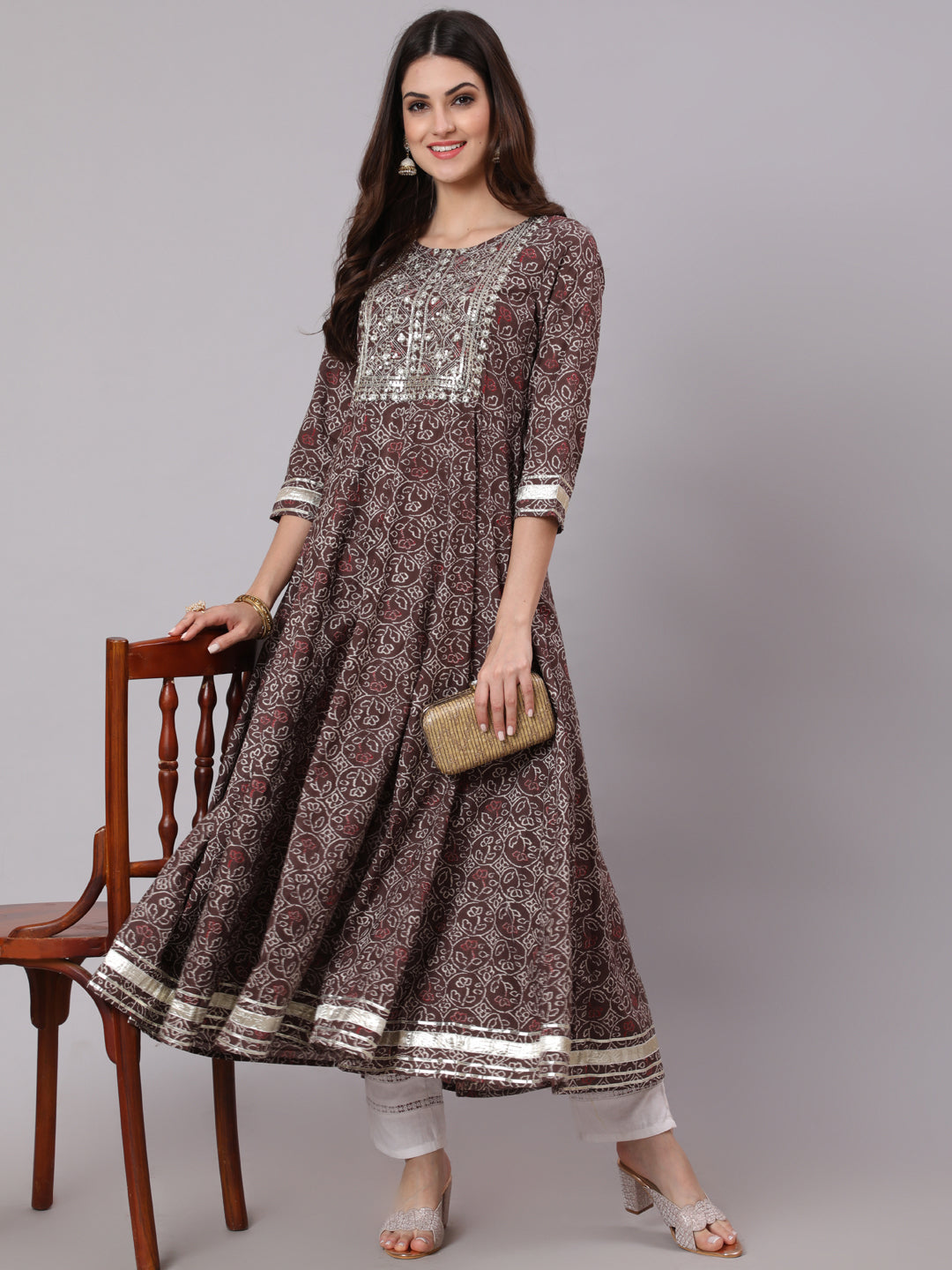 Cotton Calf Length Printed Flared 3/4 Sleeve Round Neck Kurta