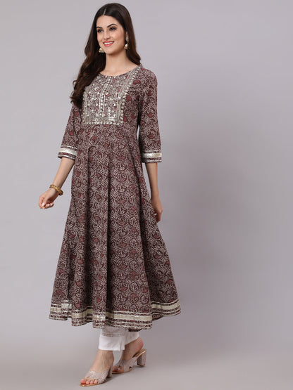 Cotton Calf Length Printed Flared 3/4 Sleeve Round Neck Kurta