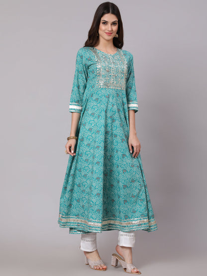 Cotton Calf Length Printed Flared 3/4 Sleeve Round Neck Kurta