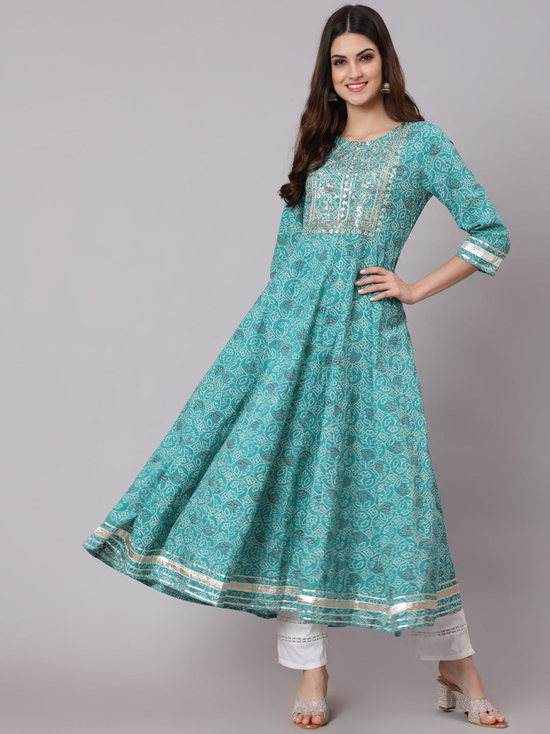 Cotton Calf Length Printed Flared 3/4 Sleeve Round Neck Kurta