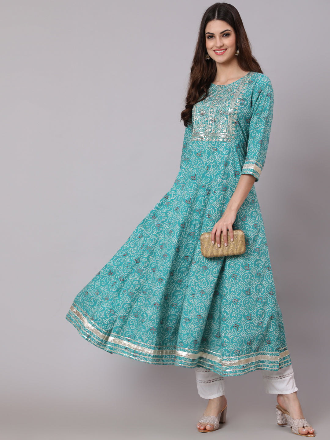 Cotton Calf Length Printed Flared 3/4 Sleeve Round Neck Kurta