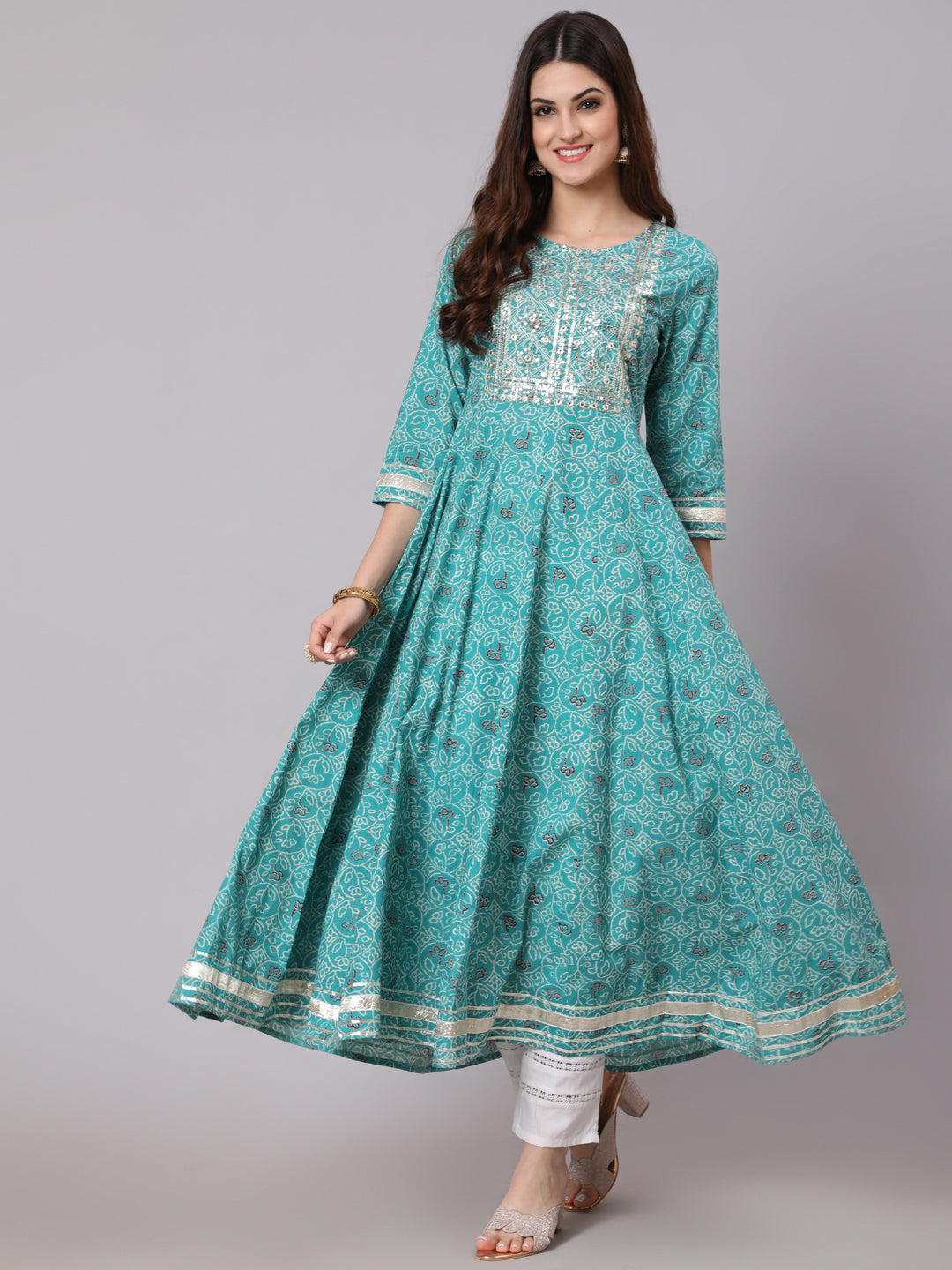 Cotton Calf Length Printed Flared 3/4 Sleeve Round Neck Kurta