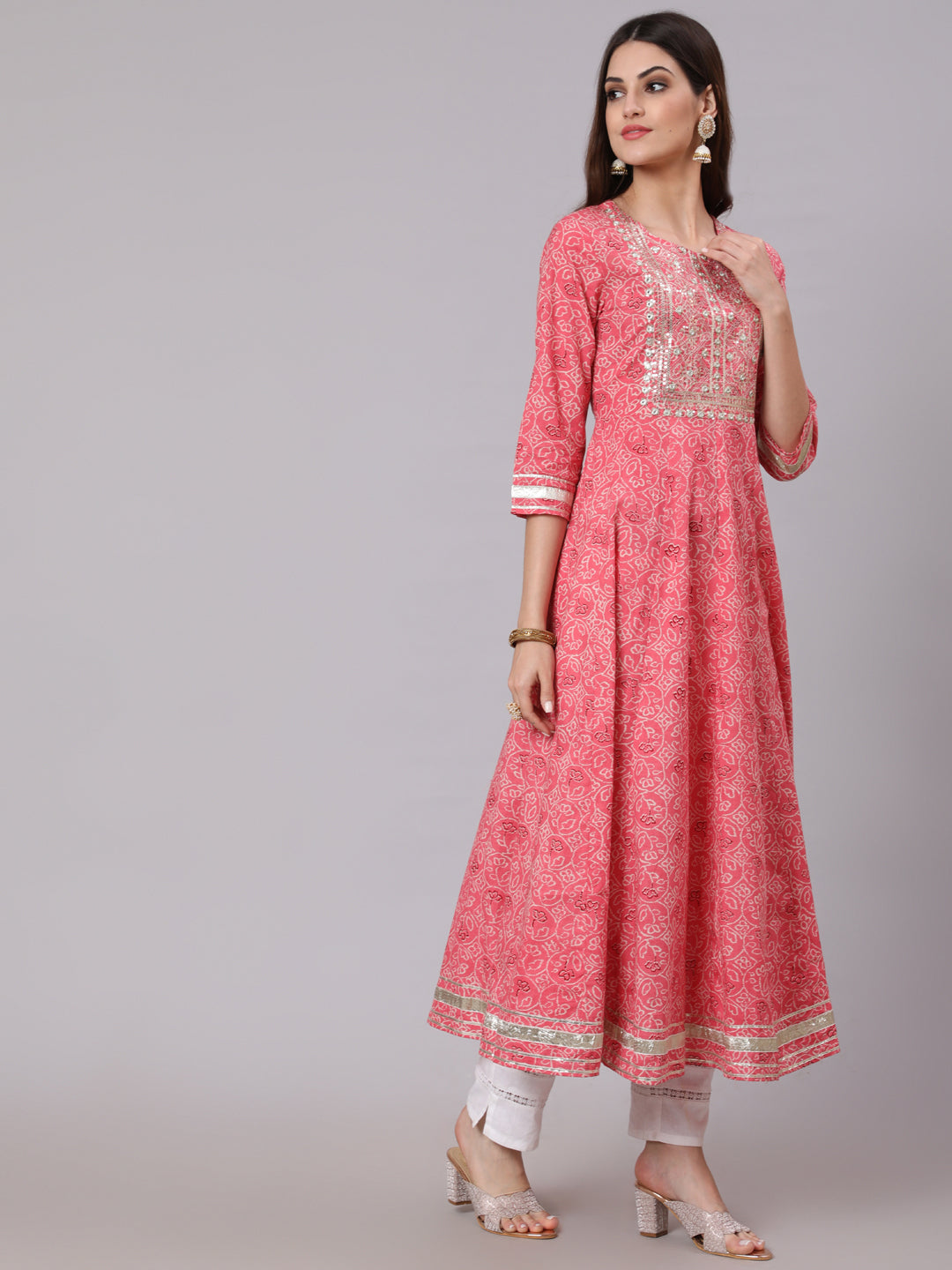 Cotton Calf Length Printed Flared 3/4 Sleeve Round Neck Kurta