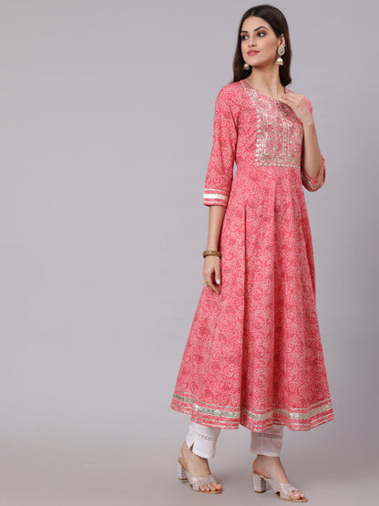 Cotton Calf Length Printed Flared 3/4 Sleeve Round Neck Kurta