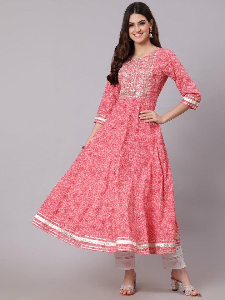 Cotton Calf Length Printed Flared 3/4 Sleeve Round Neck Kurta