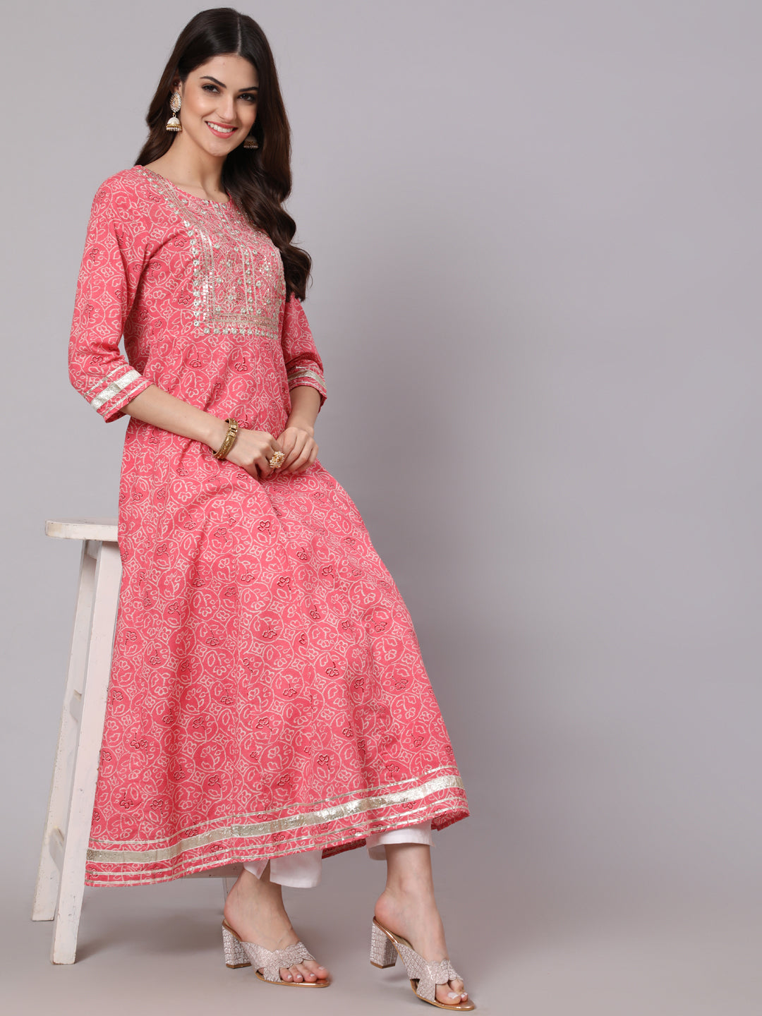 Cotton Calf Length Printed Flared 3/4 Sleeve Round Neck Kurta