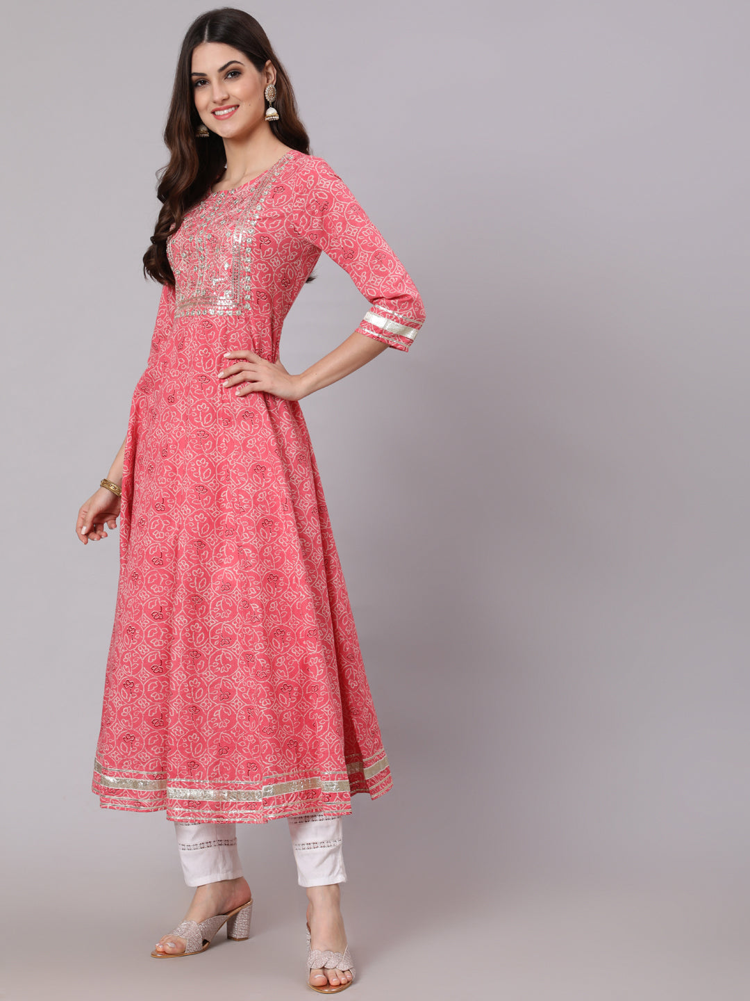 Cotton Calf Length Printed Flared 3/4 Sleeve Round Neck Kurta