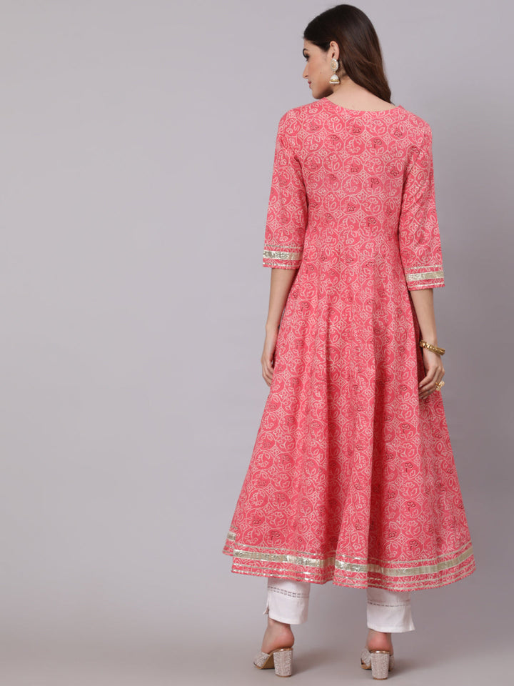 Cotton Calf Length Printed Flared 3/4 Sleeve Round Neck Kurta
