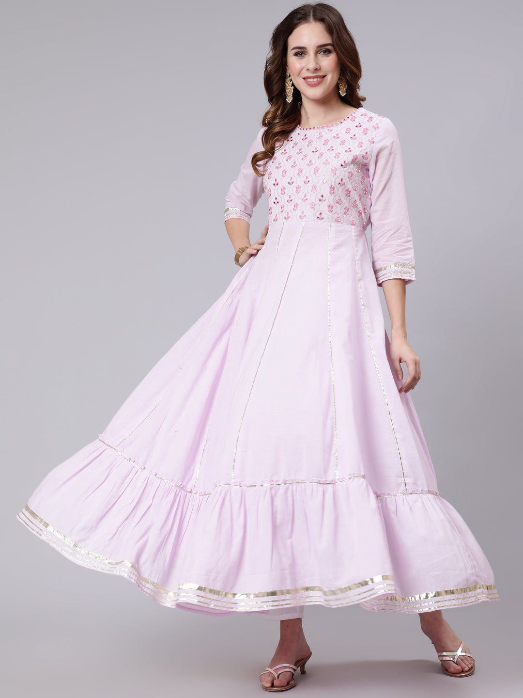 Cotton Full Length Mirror Work Flared 3/4 Sleeve Round Neck Kurta