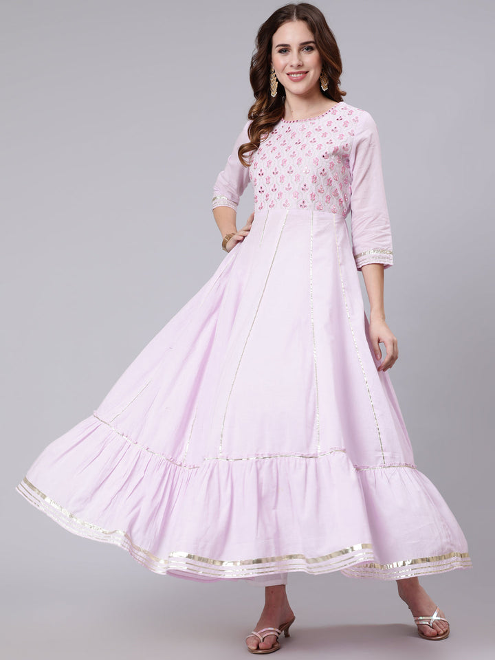 Cotton Full Length Mirror Work Flared 3/4 Sleeve Round Neck Kurta