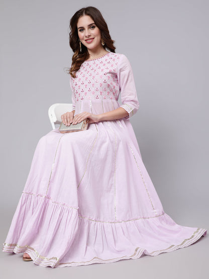 Cotton Full Length Mirror Work Flared 3/4 Sleeve Round Neck Kurta