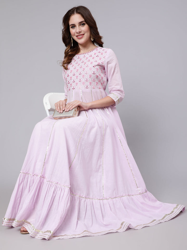Cotton Full Length Mirror Work Flared 3/4 Sleeve Round Neck Kurta