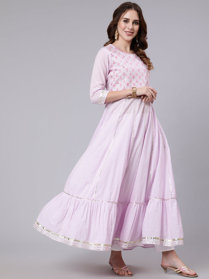 Cotton Full Length Mirror Work Flared 3/4 Sleeve Round Neck Kurta