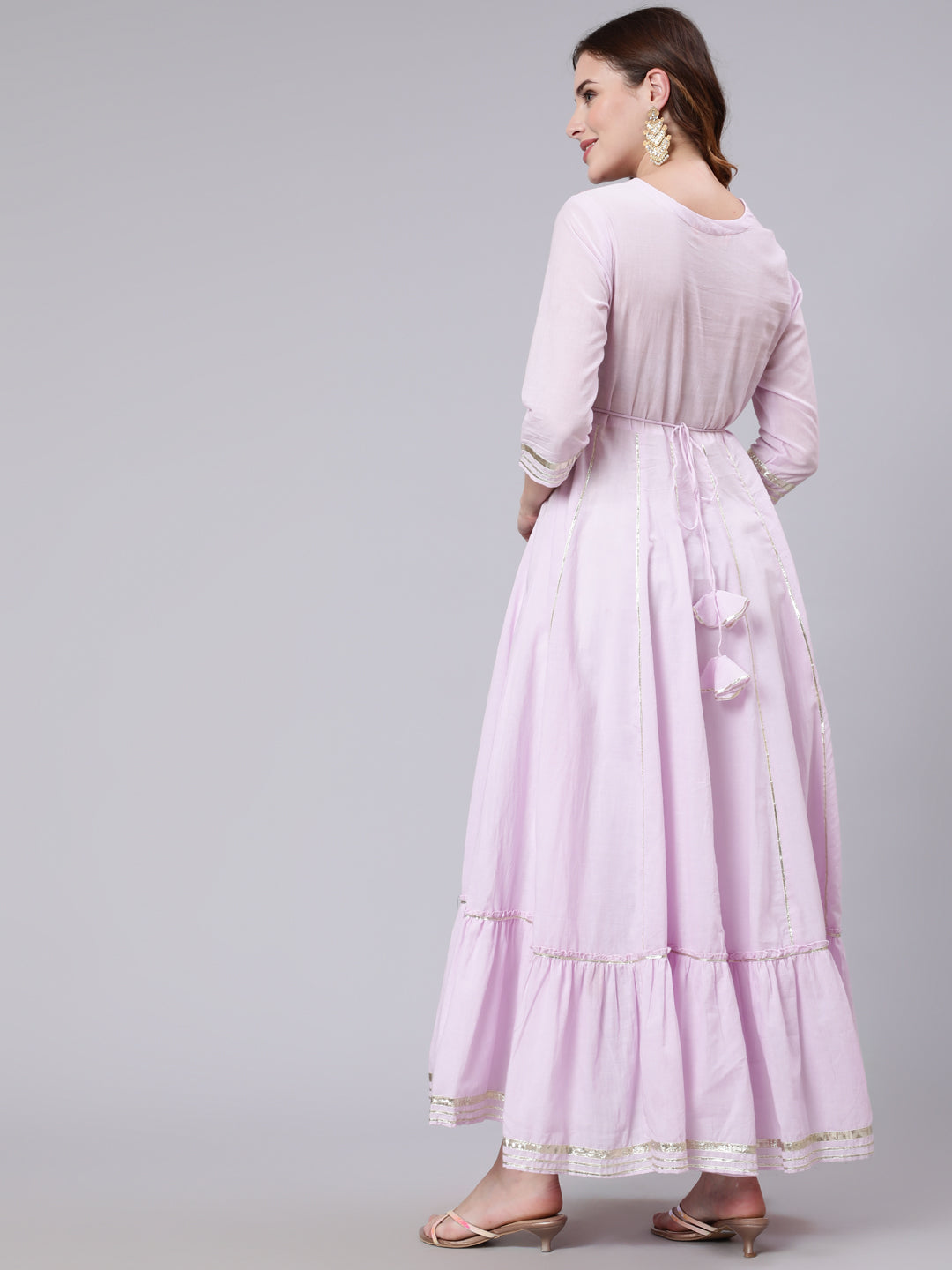 Cotton Full Length Mirror Work Flared 3/4 Sleeve Round Neck Kurta