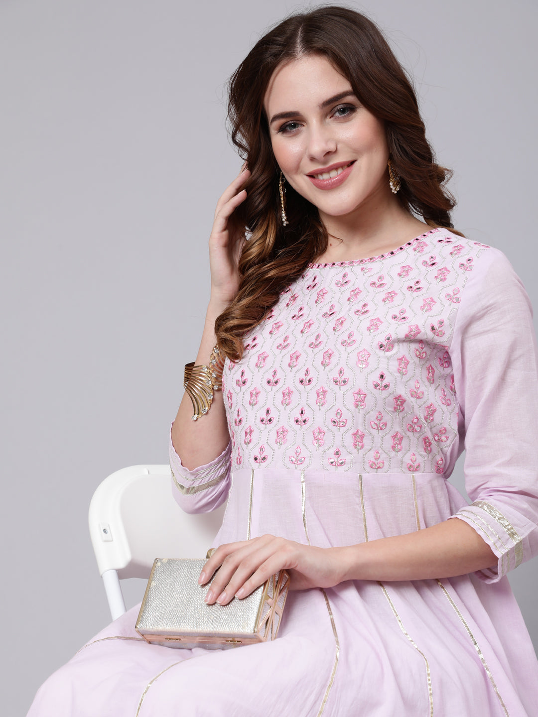 Cotton Full Length Mirror Work Flared 3/4 Sleeve Round Neck Kurta