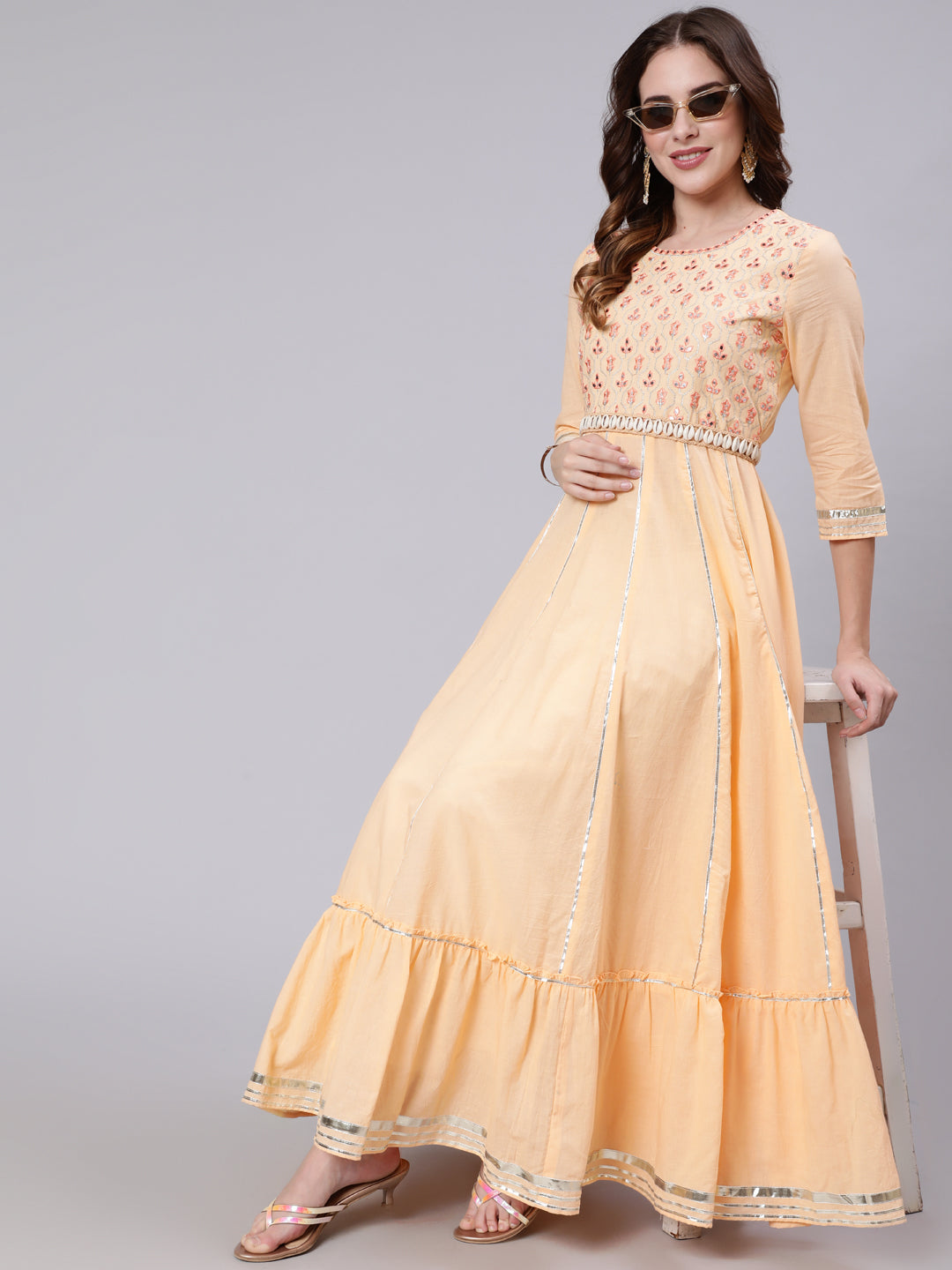 Cotton Full Length Mirror Work Flared 3/4 Sleeve Round Neck Kurta