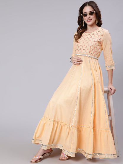 Cotton Full Length Mirror Work Flared 3/4 Sleeve Round Neck Kurta