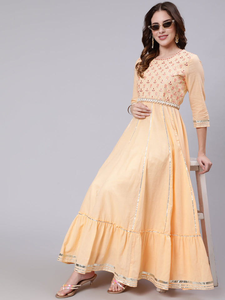 Cotton Full Length Mirror Work Flared 3/4 Sleeve Round Neck Kurta