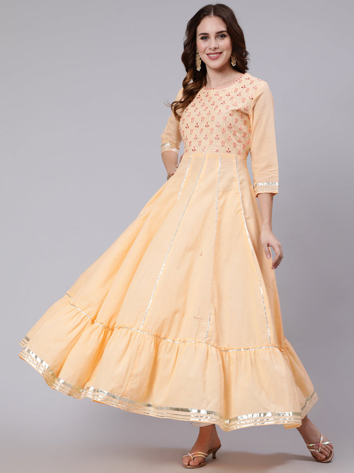 Cotton Full Length Mirror Work Flared 3/4 Sleeve Round Neck Kurta