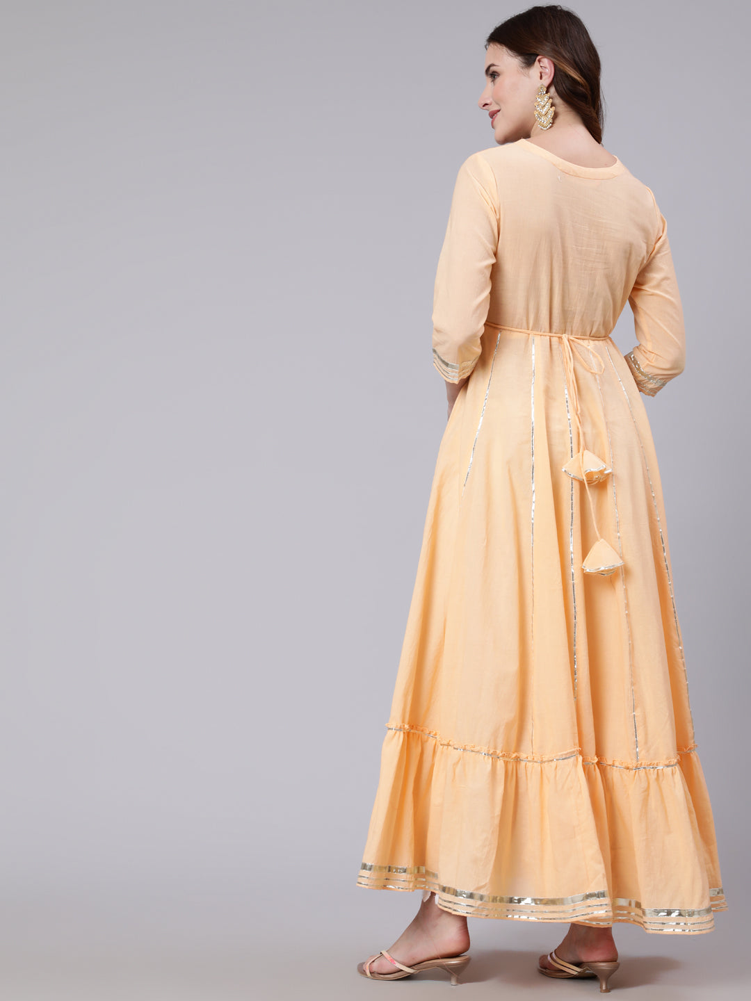 Cotton Full Length Mirror Work Flared 3/4 Sleeve Round Neck Kurta