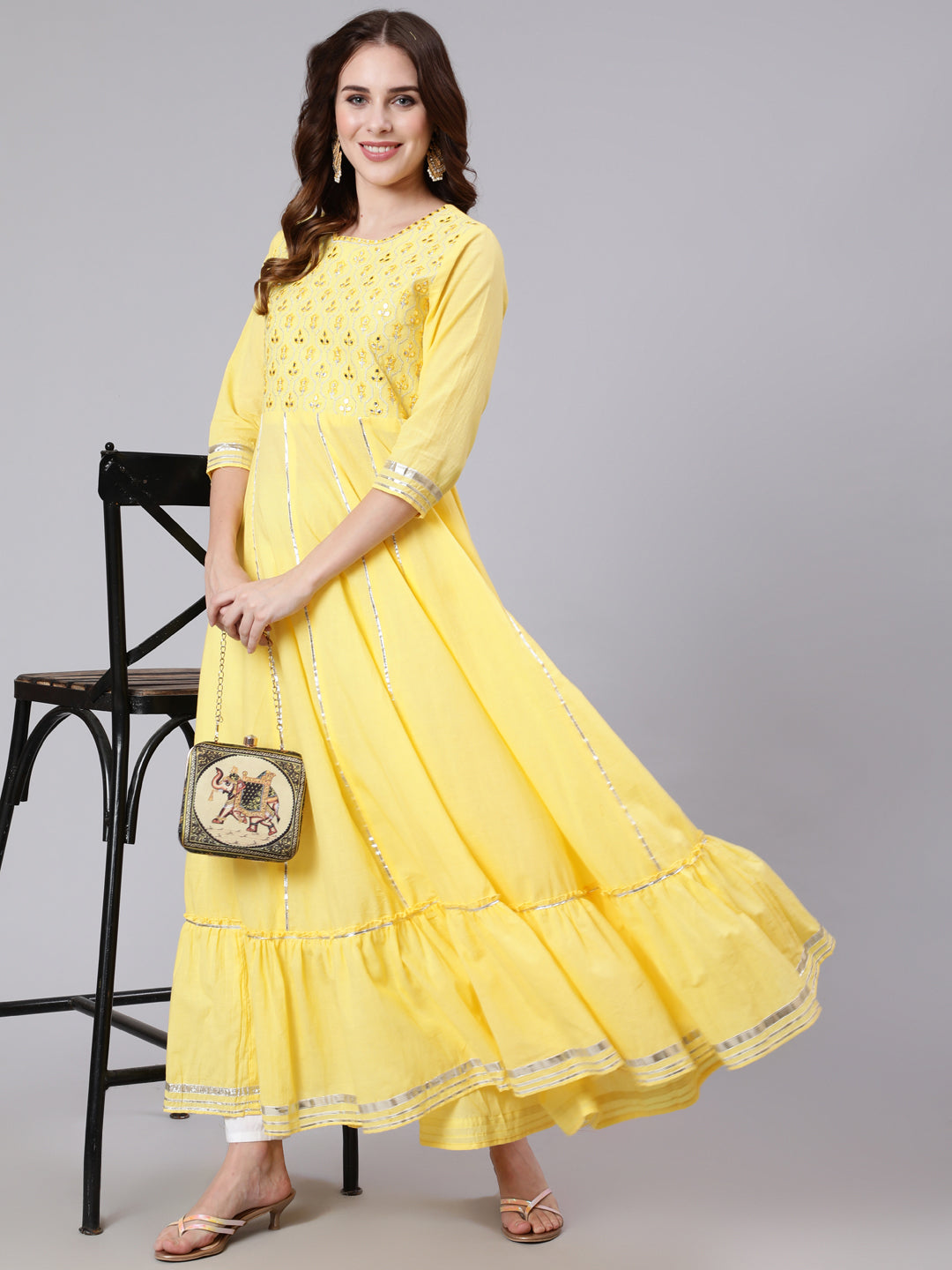 Cotton Full Length Mirror Work Flared 3/4 Sleeve Round Neck Kurta