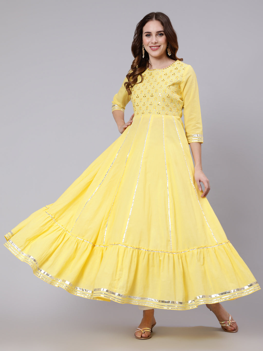 Cotton Full Length Mirror Work Flared 3/4 Sleeve Round Neck Kurta