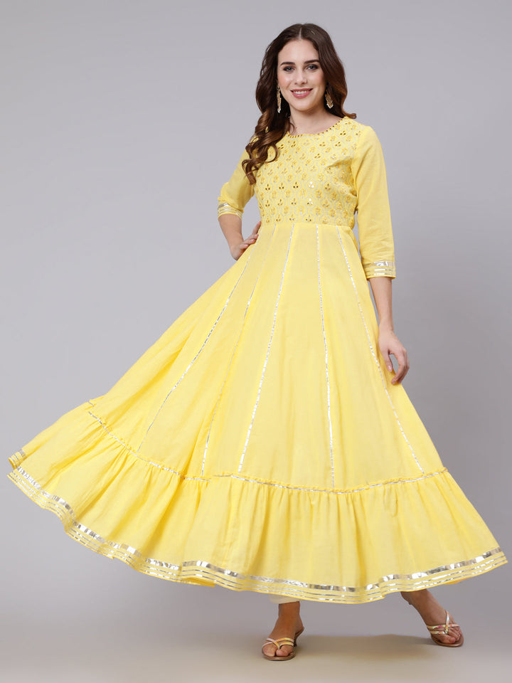 Cotton Full Length Mirror Work Flared 3/4 Sleeve Round Neck Kurta