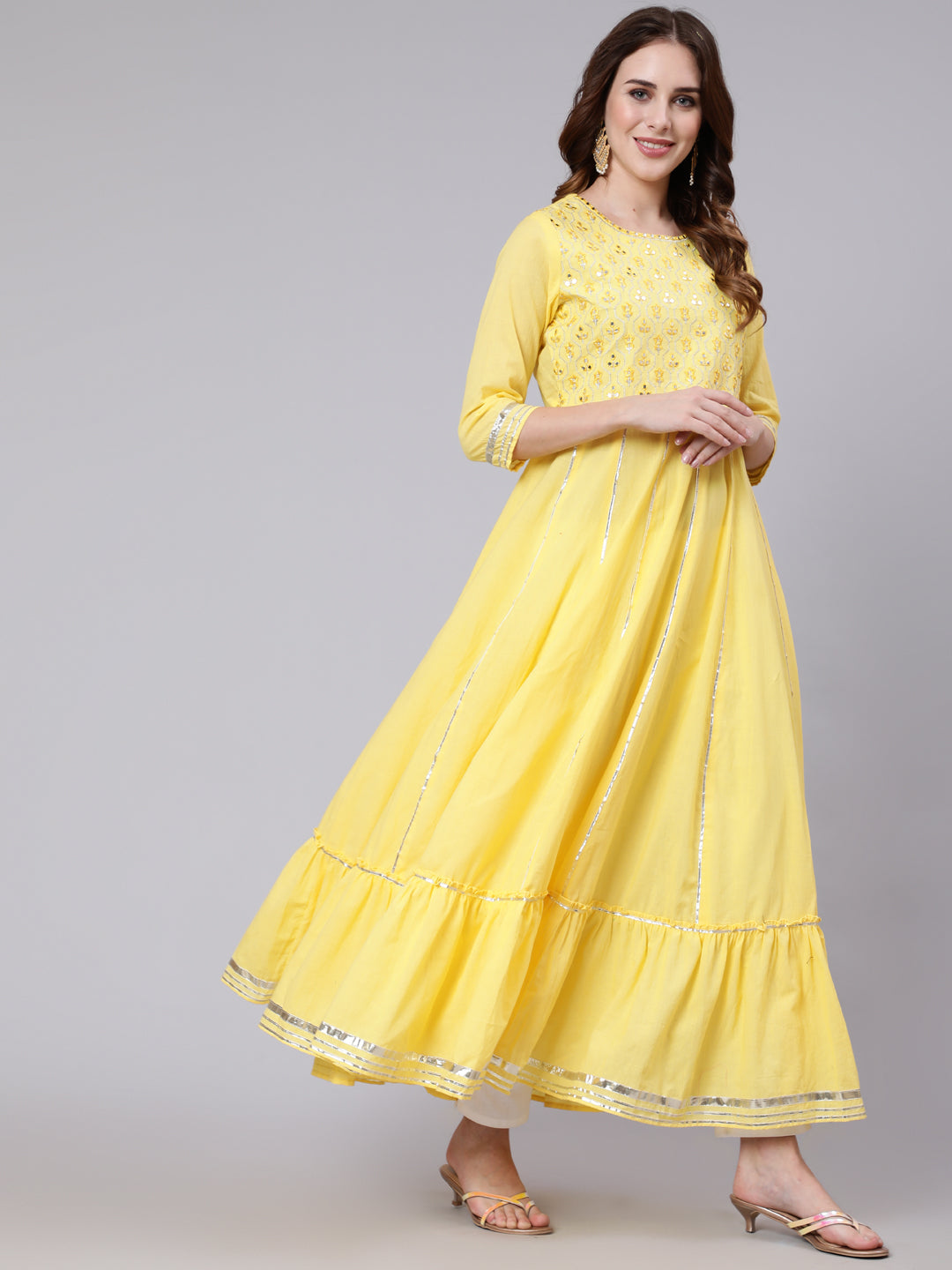 Cotton Full Length Mirror Work Flared 3/4 Sleeve Round Neck Kurta