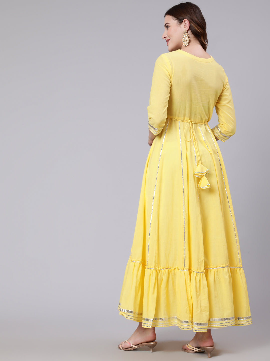 Cotton Full Length Mirror Work Flared 3/4 Sleeve Round Neck Kurta