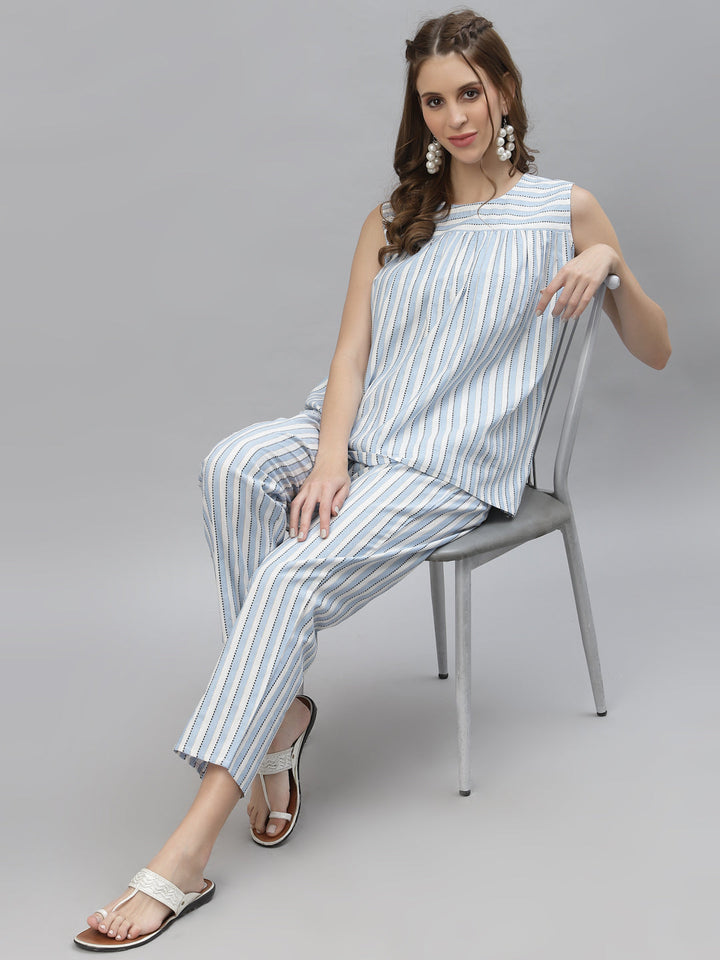 Self Woven Striped Cotton Blend Top and Pant Set