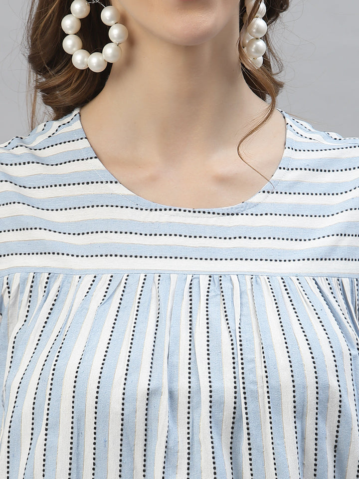 Self Woven Striped Cotton Blend Top and Pant Set
