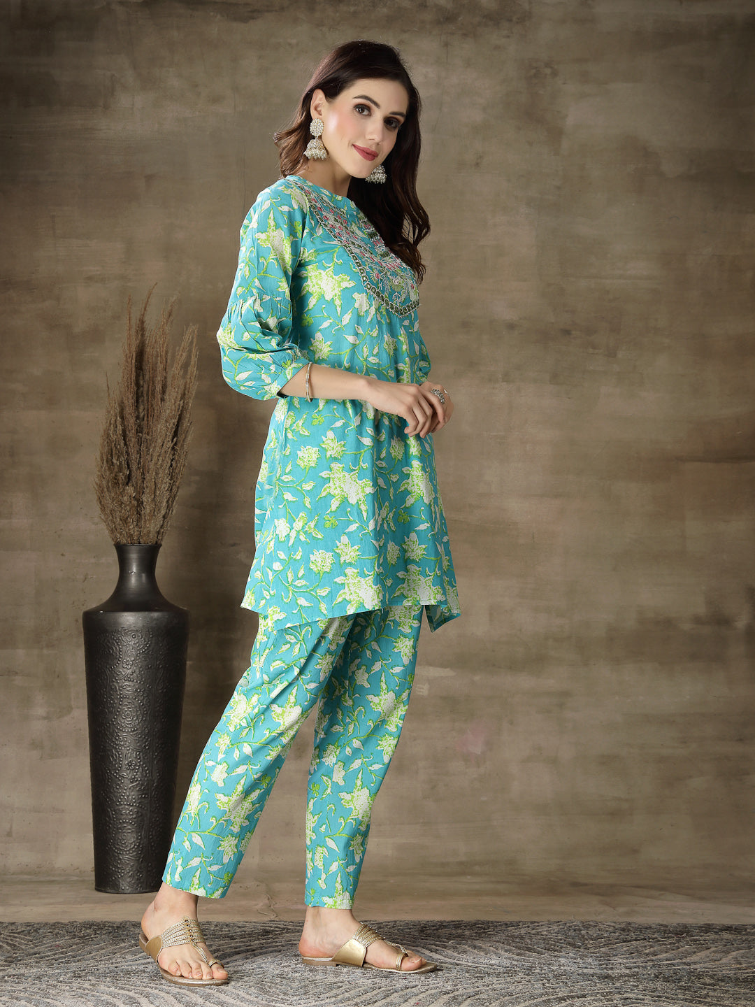 Printed &amp; Embroidered Cotton Co-Ord Set