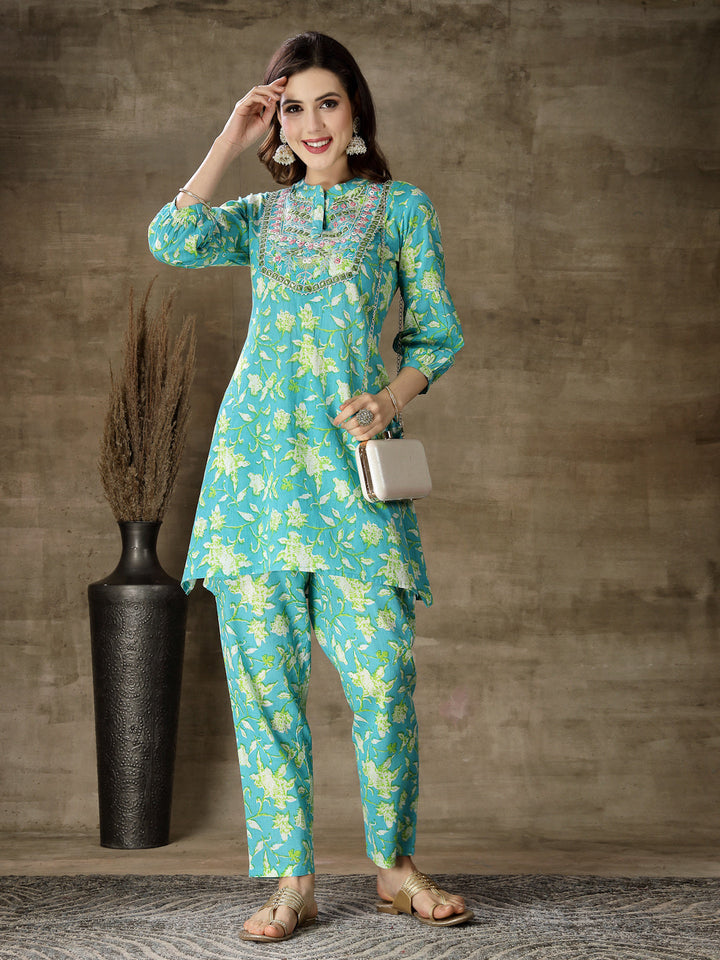 Printed &amp; Embroidered Cotton Co-Ord Set