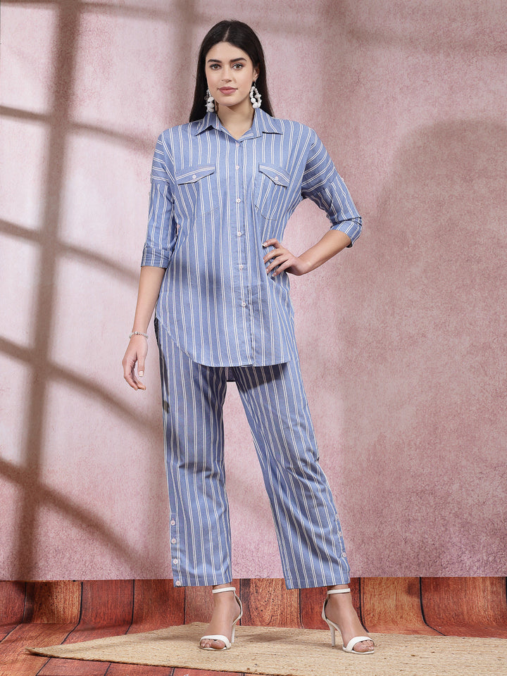 Woven Striped Cotton Blend Co-Ord Set
