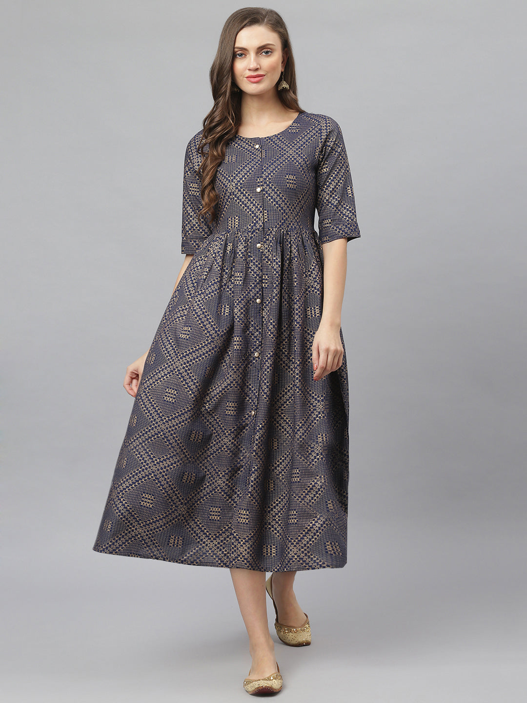 Women's Tribal Print Rayon Midi Flared Dress