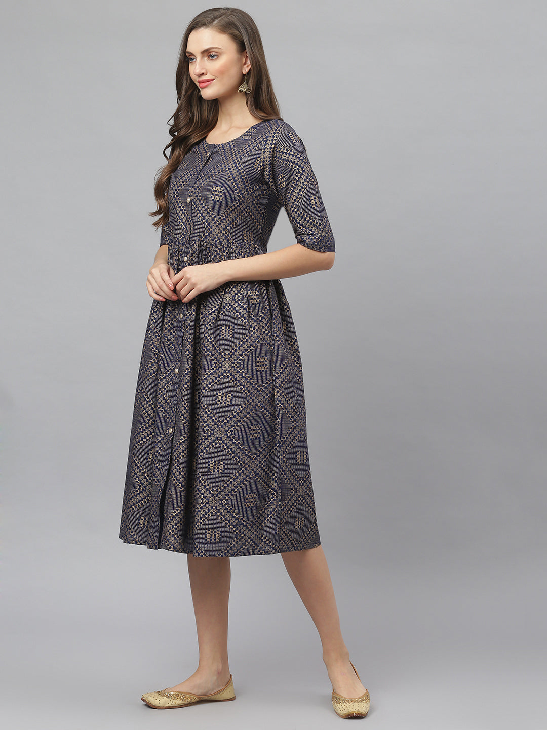 Women's Tribal Print Rayon Midi Flared Dress