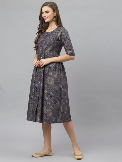 Women's Tribal Print Rayon Midi Flared Dress