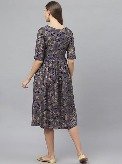 Women's Tribal Print Rayon Midi Flared Dress