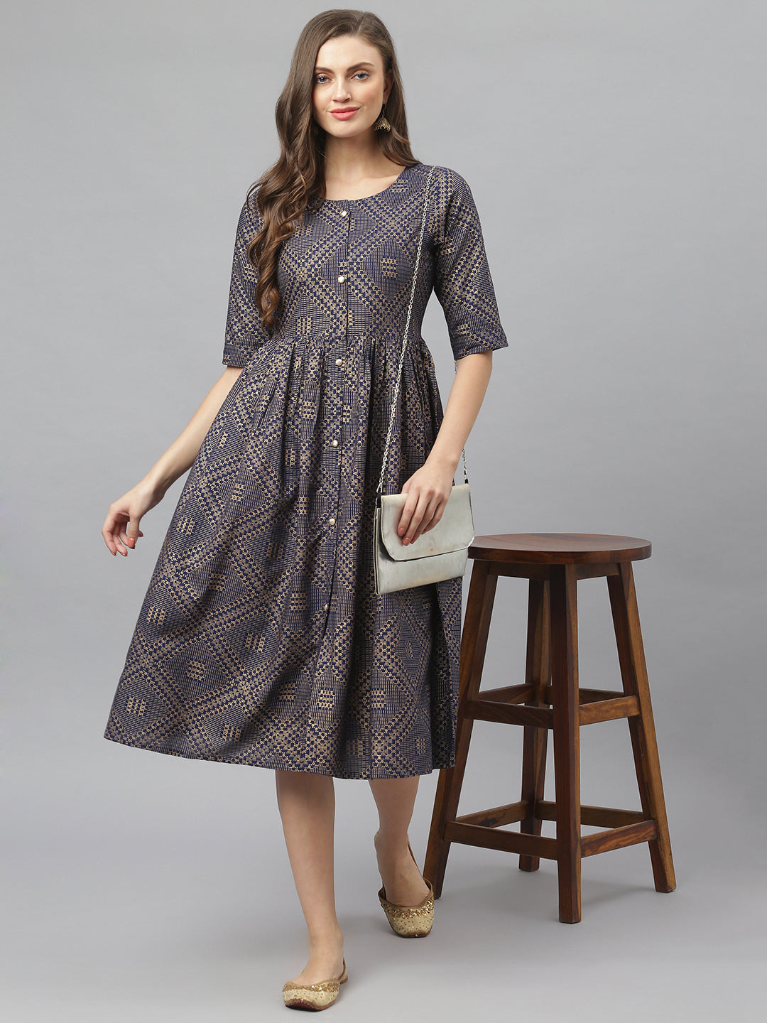 Women's Tribal Print Rayon Midi Flared Dress