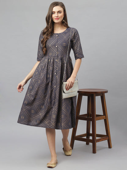 Women's Tribal Print Rayon Midi Flared Dress