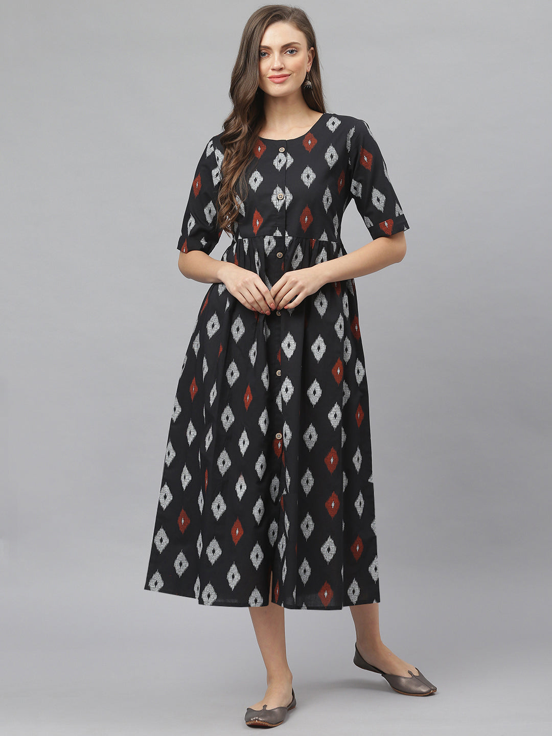 Women's Ikat Print Cotton Midi Flared Dress