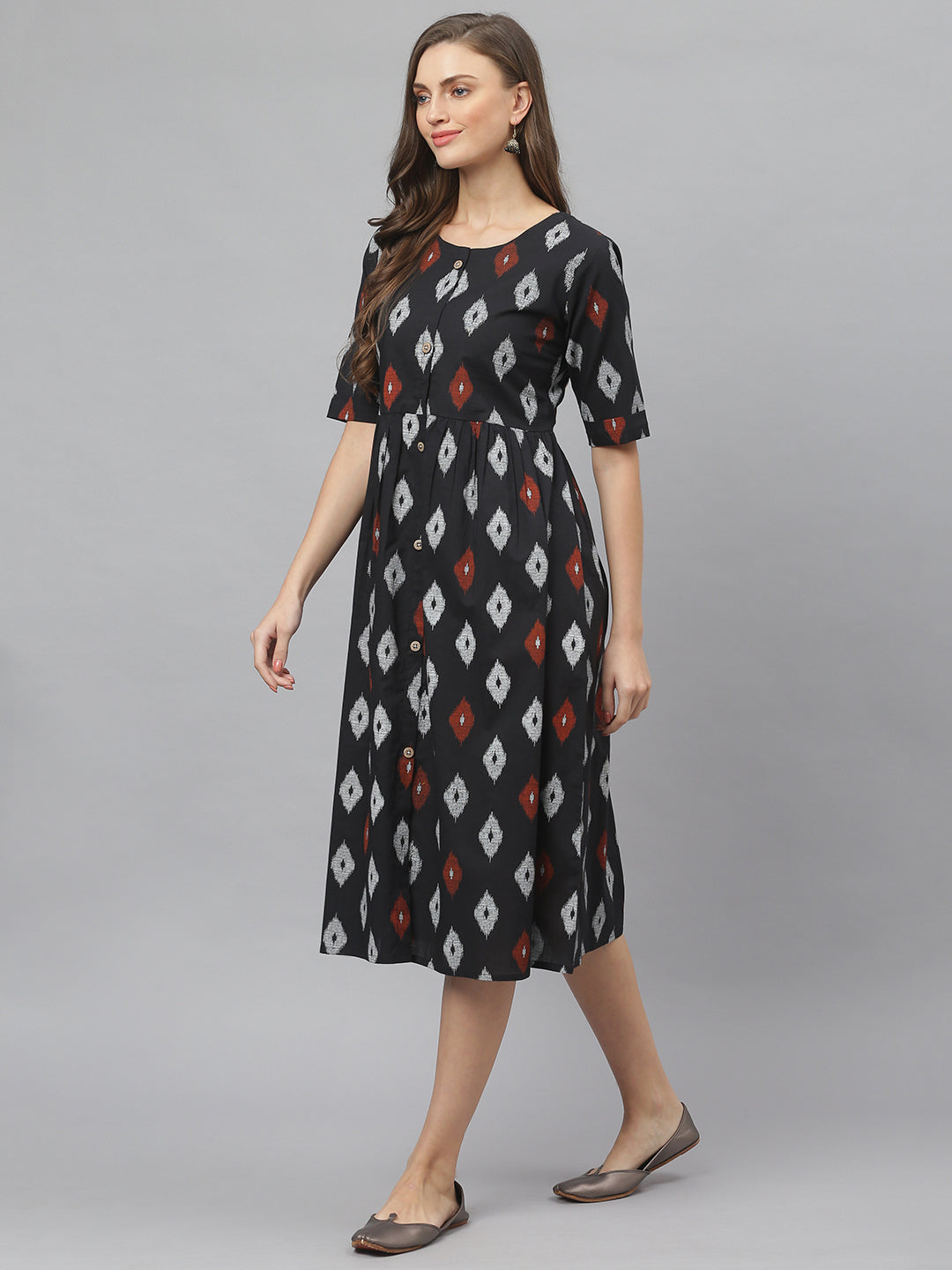 Women's Ikat Print Cotton Midi Flared Dress