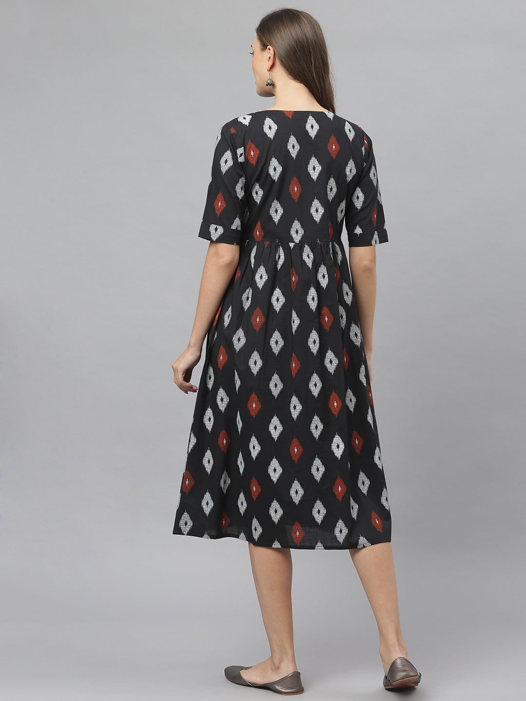 Women's Ikat Print Cotton Midi Flared Dress