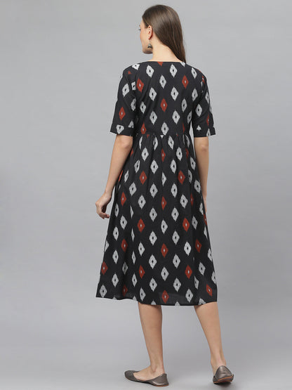 Women's Ikat Print Cotton Midi Flared Dress