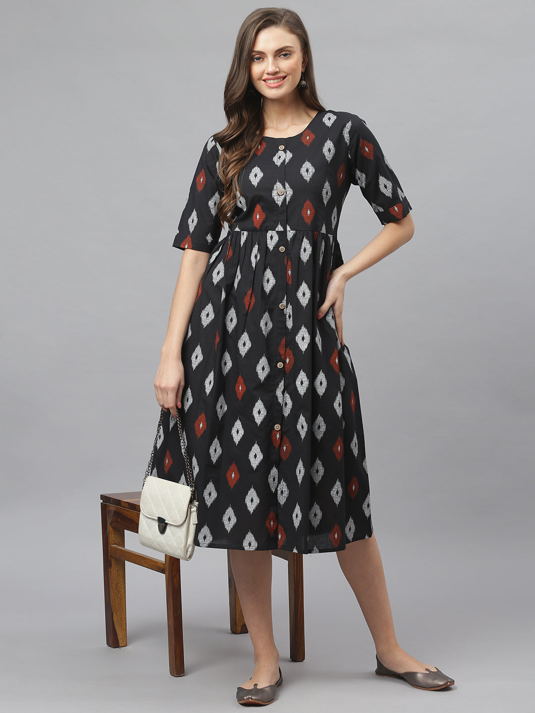 Women's Ikat Print Cotton Midi Flared Dress