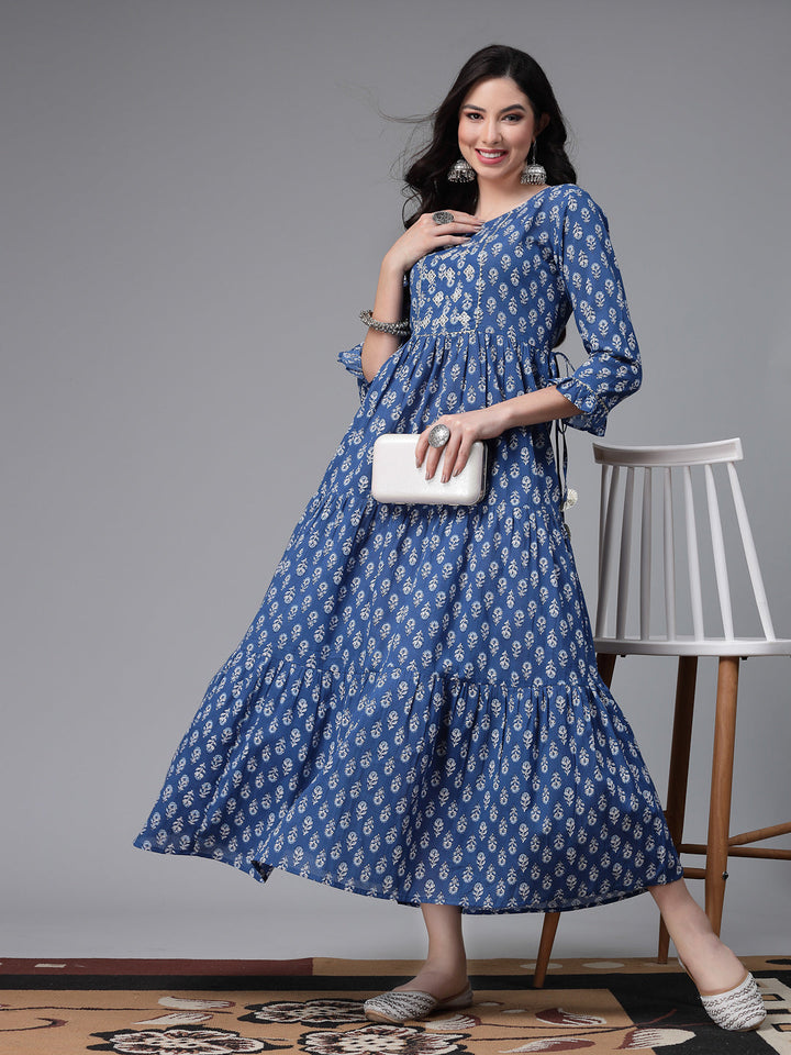 Printed &amp; Embroiderd Cotton Tiered Kurta