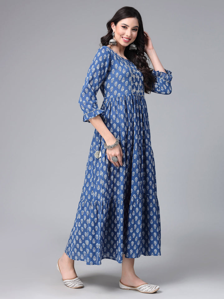 Printed &amp; Embroiderd Cotton Tiered Kurta