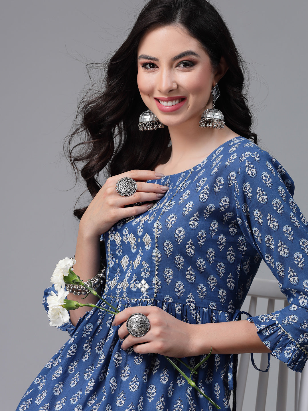 Printed &amp; Embroiderd Cotton Tiered Kurta