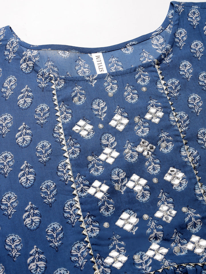 Printed &amp; Embroiderd Cotton Tiered Kurta